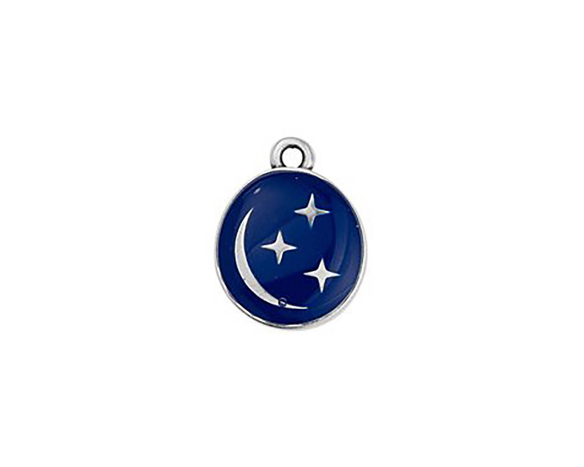 Antique Silver (plated) Cobalt Enamel Crescent Moon & Stars Oval Focal 12x16mm