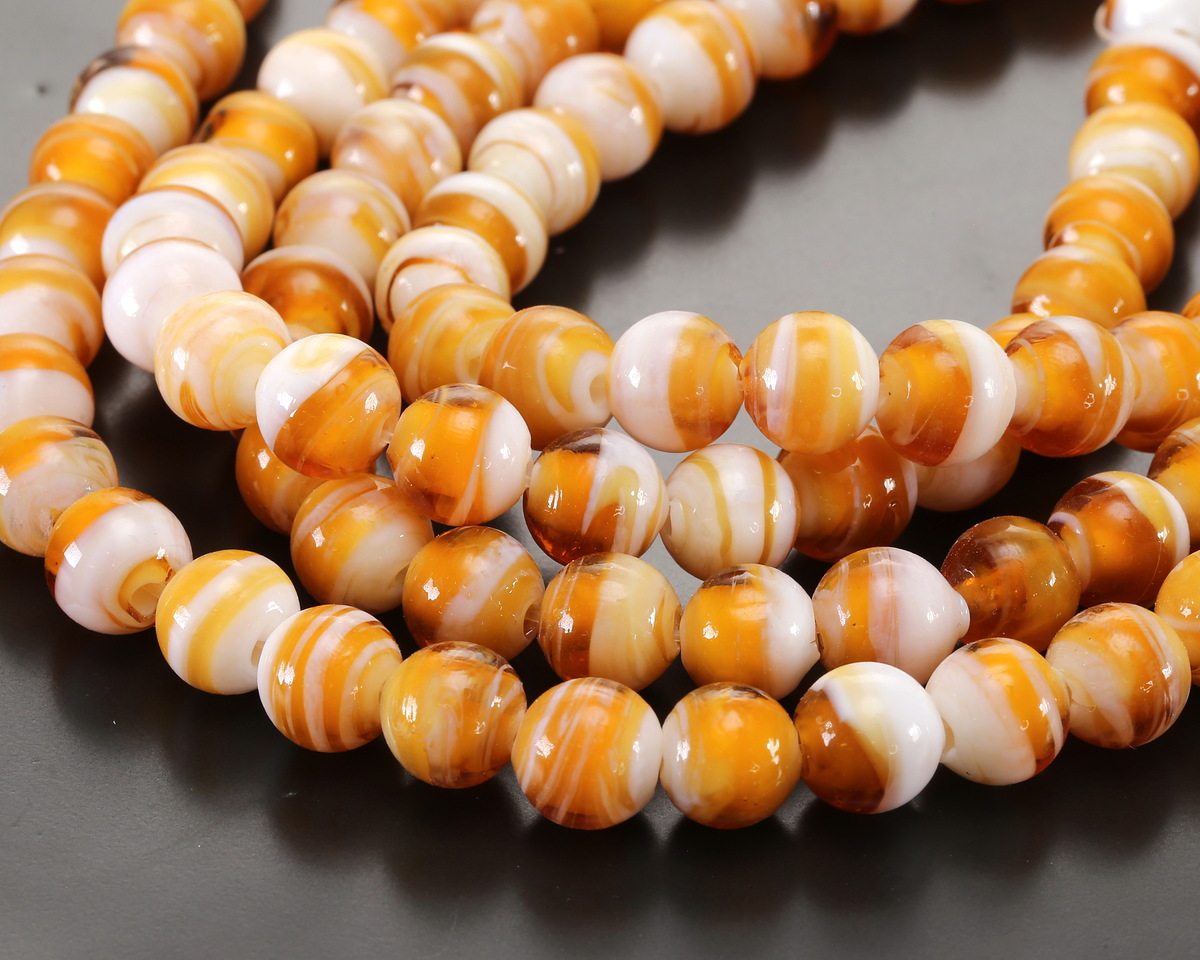 Butterscotch & White Swirl Lampwork Glass Round 10mm
