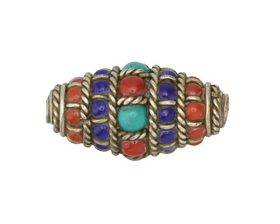 Nepalese Brass w/ Coral, Turquoise & Lapis Rice 30x16mm