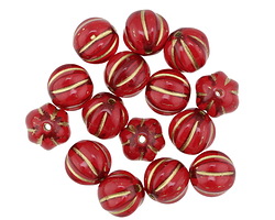 Czech Glass Ruby Red w/ Gold Melon Round 8mm