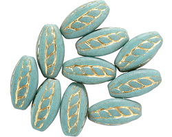 Czech Glass Matte Green Turquoise w/ Gold Roped 4-sided Rice Oval 15x9mm