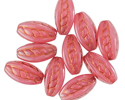 Czech Glass Pink Opal w/ Copper Wash Roped 4-sided Rice Oval 15x9mm