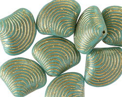 Czech Glass Green Turquoise w/ Gold Wash Clam Shell Bead 15x18mm