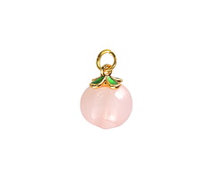 Pink Agate Carved Peach w/ Green Enamel Leaf Charm 15x10mm