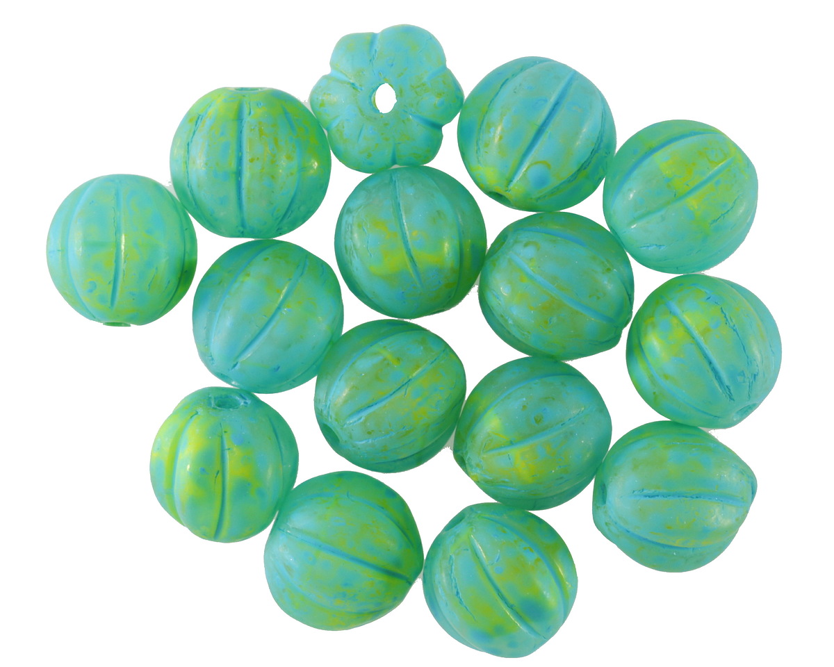Czech Glass Matte Turquoise & Neon Green Mix Melon Round 8mm