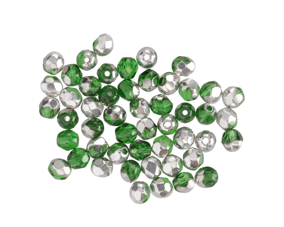Czech Glass Bottle Green w/ Silver Fire Polished Round 4mm