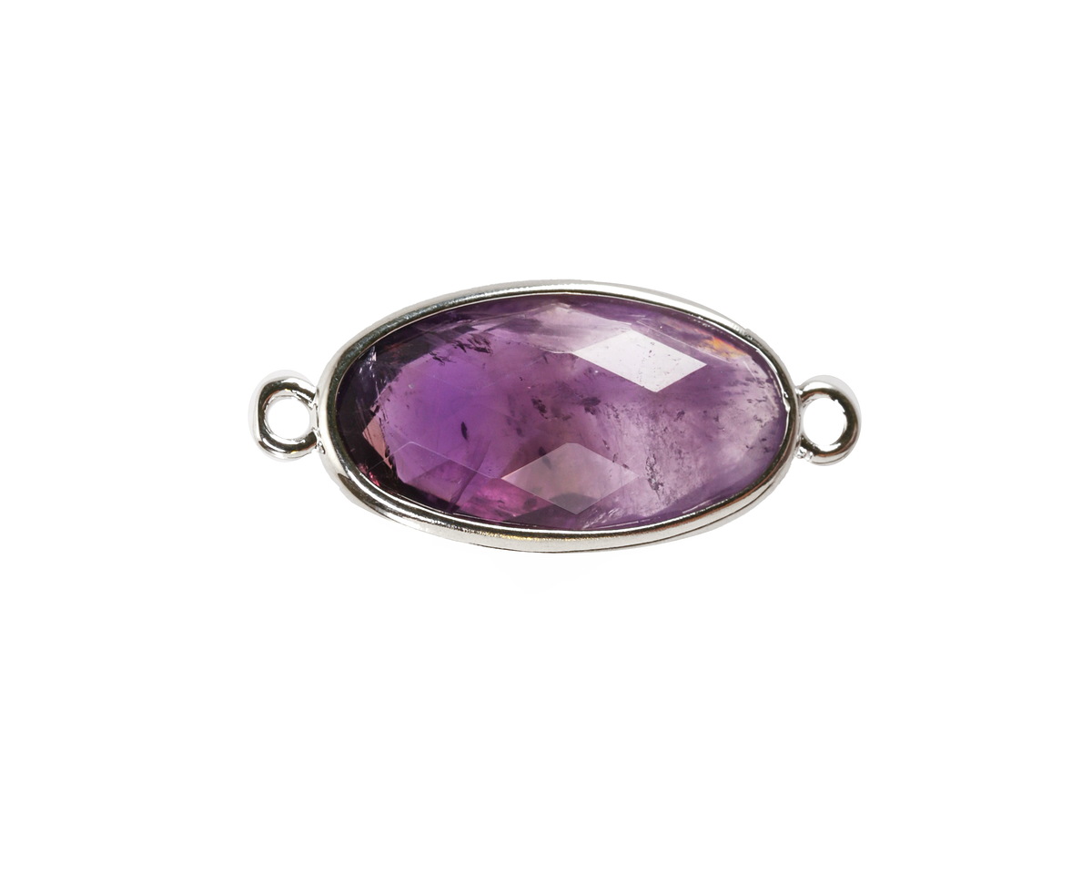 Amethyst Faceted Puff Oval Link w/ Silver Finish Bezel 12x20mm