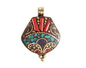Nepalese Brass w/ Turquoise, Lapis & Coral Mosaic Pendant 29x41mm
