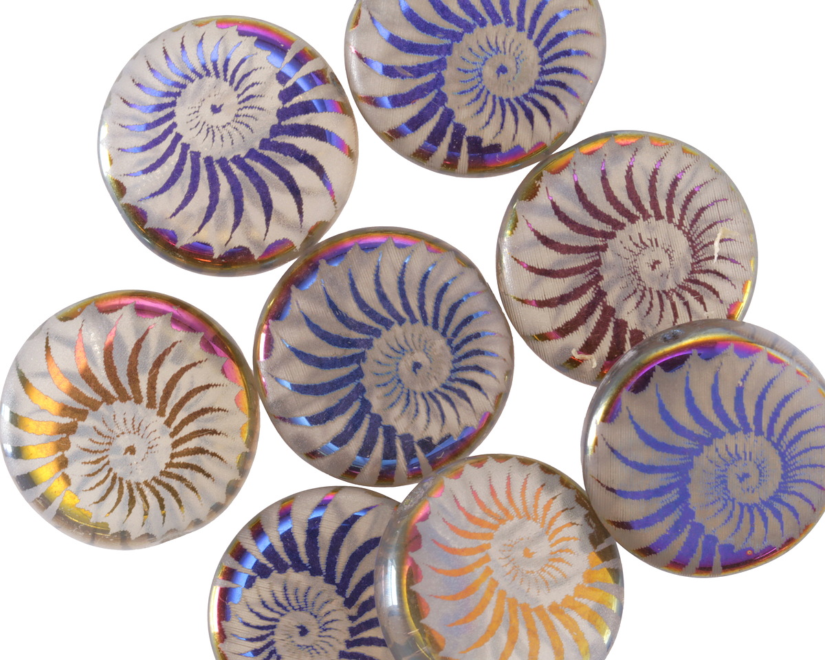 Czech Glass Laser Etched Spiral Ammonite on White Opal w/ Metallic Rainbow Finish Coin 14mm
