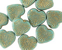 Czech Glass Green Turquoise w/ Gold Starburst Heart 13x14mm