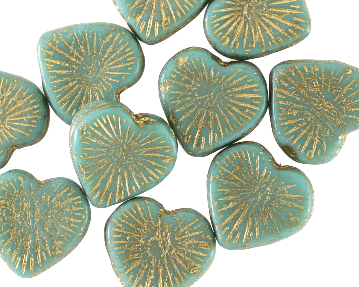 Czech Glass Green Turquoise w/ Gold Starburst Heart 13x14mm