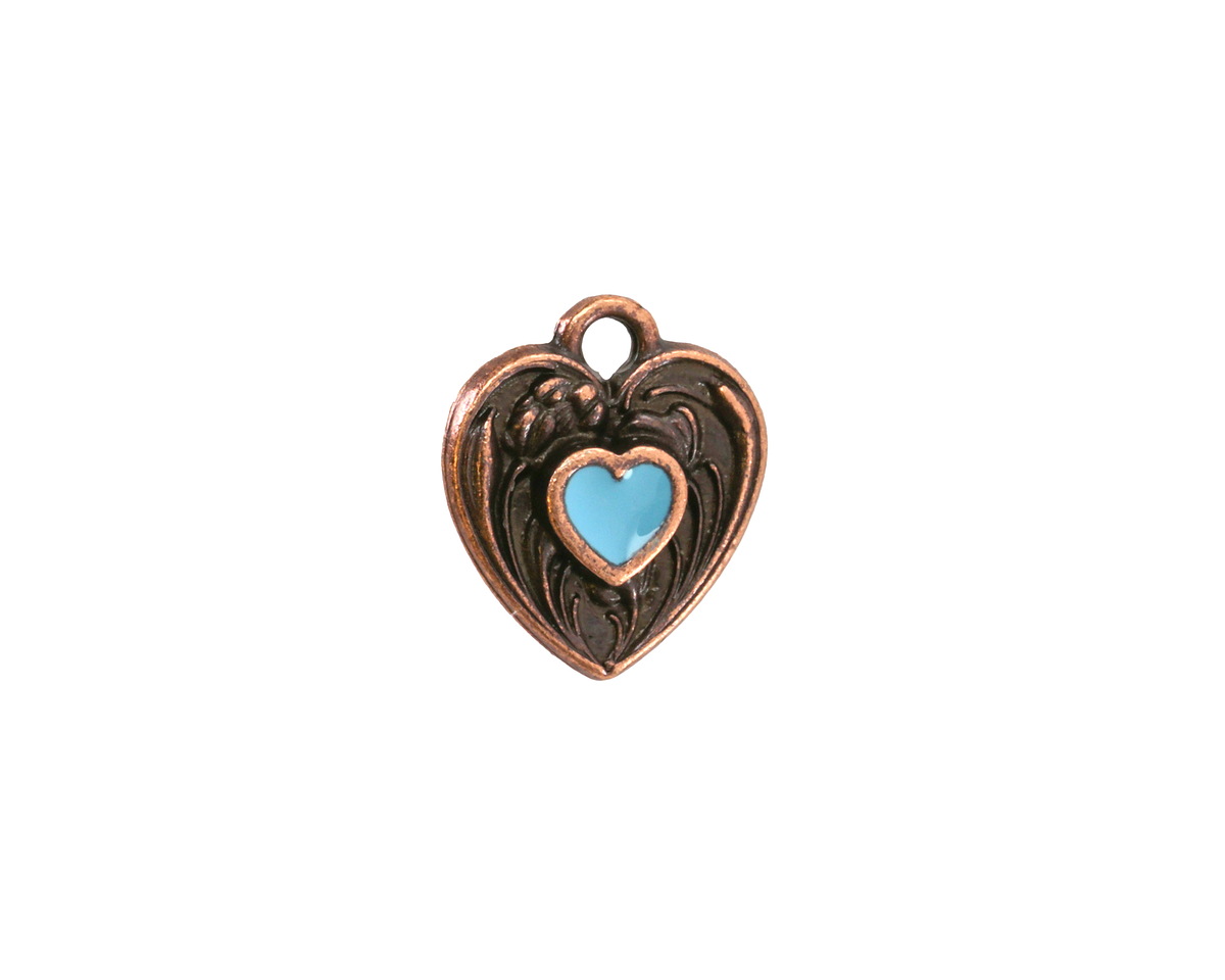 TierraCast Antique Copper (plated) Light Sky Blue Enamel Heart in Heart Shaped Focal 12.5x14mm