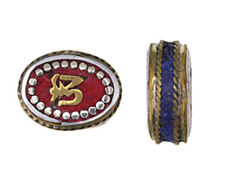 Nepalese White Brass & Brass "Om" Oval Coin Bead w/ Coral & Lapis 20-22x16-18mm