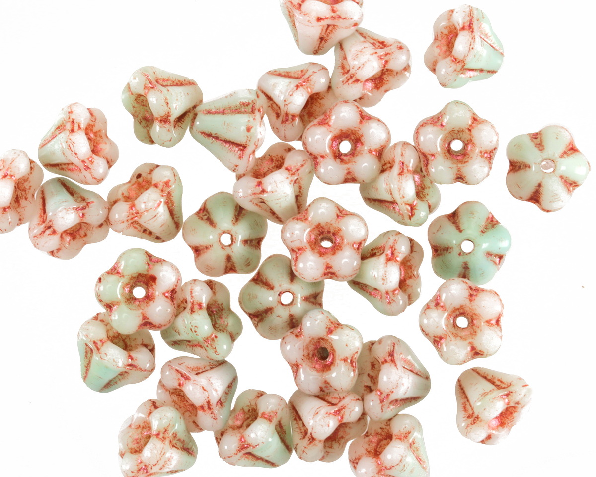 Czech Glass Cool Mint w/ Copper Bellflower 5x6mm