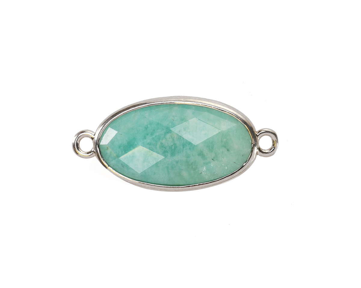 Brazilian Amazonite Faceted Puff Oval Link w/ Silver Finish Bezel 12x20mm