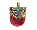 Nepalese Coral Shell & Brass w/ Turquoise, Lapis, & Coral Pendant 28-30x40-42mm