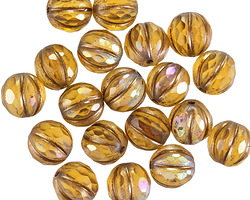 Czech Glass Matte Amber AB w/ Bronze Faceted Melon Round 8mm