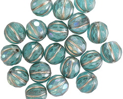 Czech Glass Matte Island Blue AB w/ Platinum Faceted Melon Round 8mm