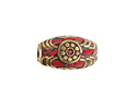 Nepalese Brass Rice Bead w/ Coral Mosaic 21x12mm