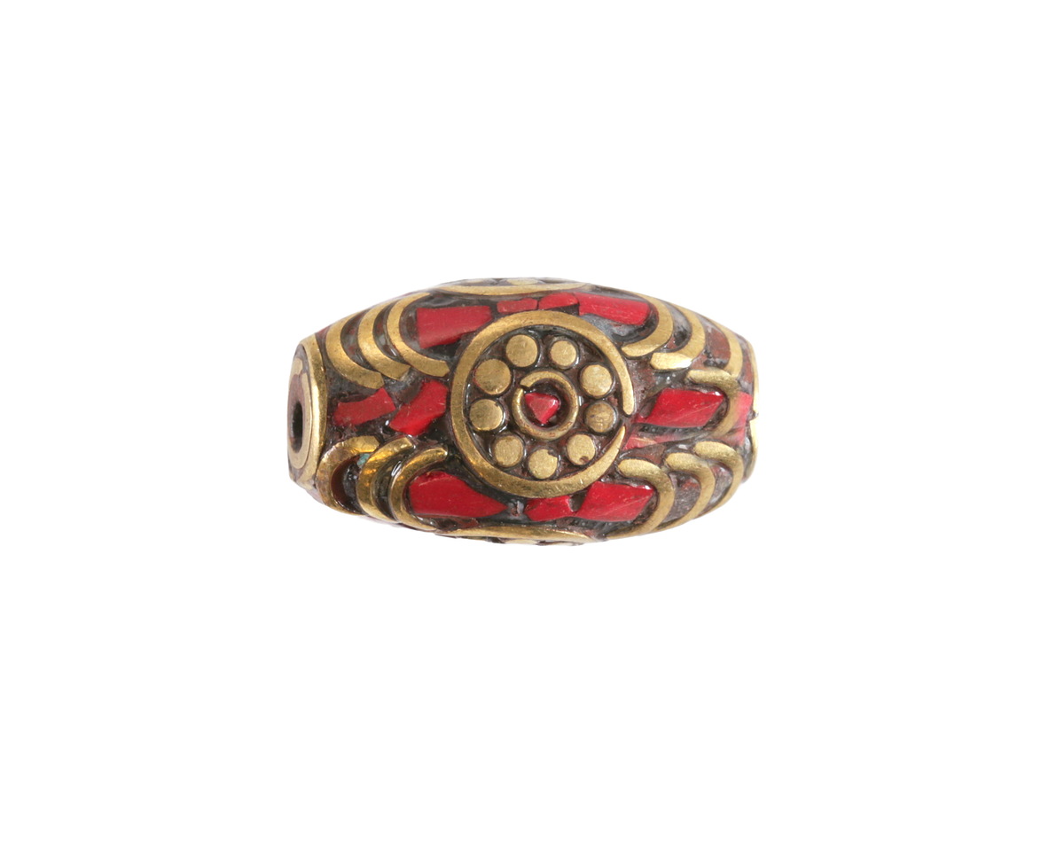 Nepalese Brass Rice Bead w/ Coral Mosaic 21x12mm