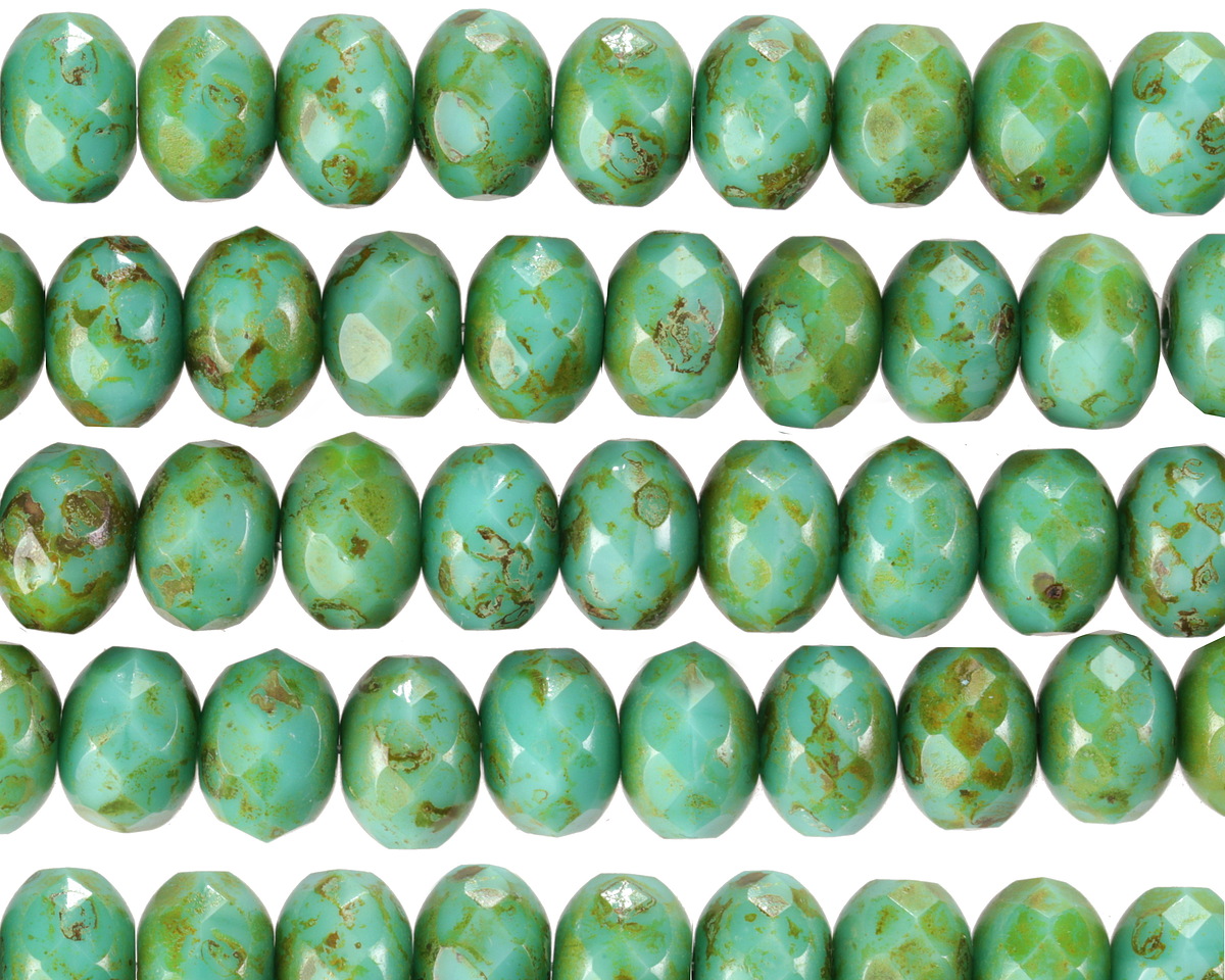 Czech Glass Green Turquoise Picasso Fire Polished Rondelle 5x7mm