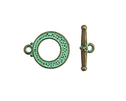 Patina Green Brass (plated) Textured Round Toggle Clasp 14x17mm, 17mm Bar