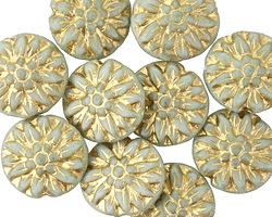 Czech Glass Sweet Mint W/ Gold Dahlia Coin 14mm
