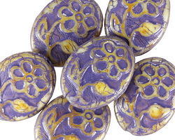 Czech Glass Matte White Picasso w/ Metallic Indigo Floral Oval 21x16mm