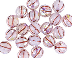 Czech Glass White Opal AB w/ Copper Faceted Melon Round 8mm