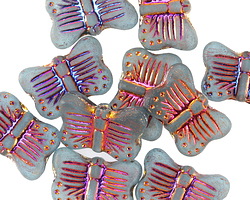 Czech Glass Matte Aquamarine w/ Rainbow Metallic Butterfly 16x11mm