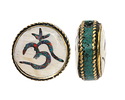 Nepalese Brass w/ Turquoise & Coral Mosaic Om in White Shell w/ Turquoise Band Coin Bead 19-21mm