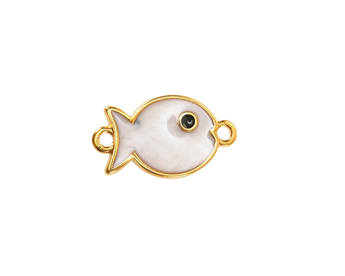 24K Gold (plated) White Pearl Enamel Fish Focal Link 19x11mm