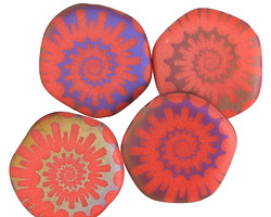 Czech Glass Laser Etched Ammonite on Coral w/ Rainbow Finish Freeform Coin 19mm