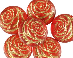 Czech Glass Matte Ruby w/ Gold Wash Rose Coin 17mm