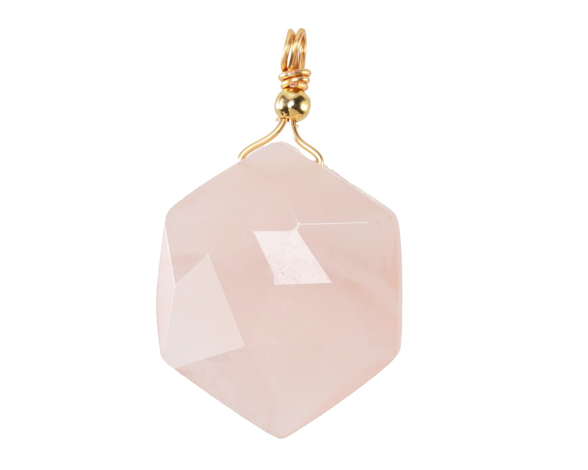 Rose Quartz w/ Gold Finish Faceted Hexagon Wire Wrapped Pendant 20x25mm