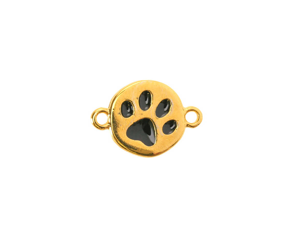 24K Gold (plated) Jet Enamel Dog Paw in Round Focal Link 16.5x11.5mm
