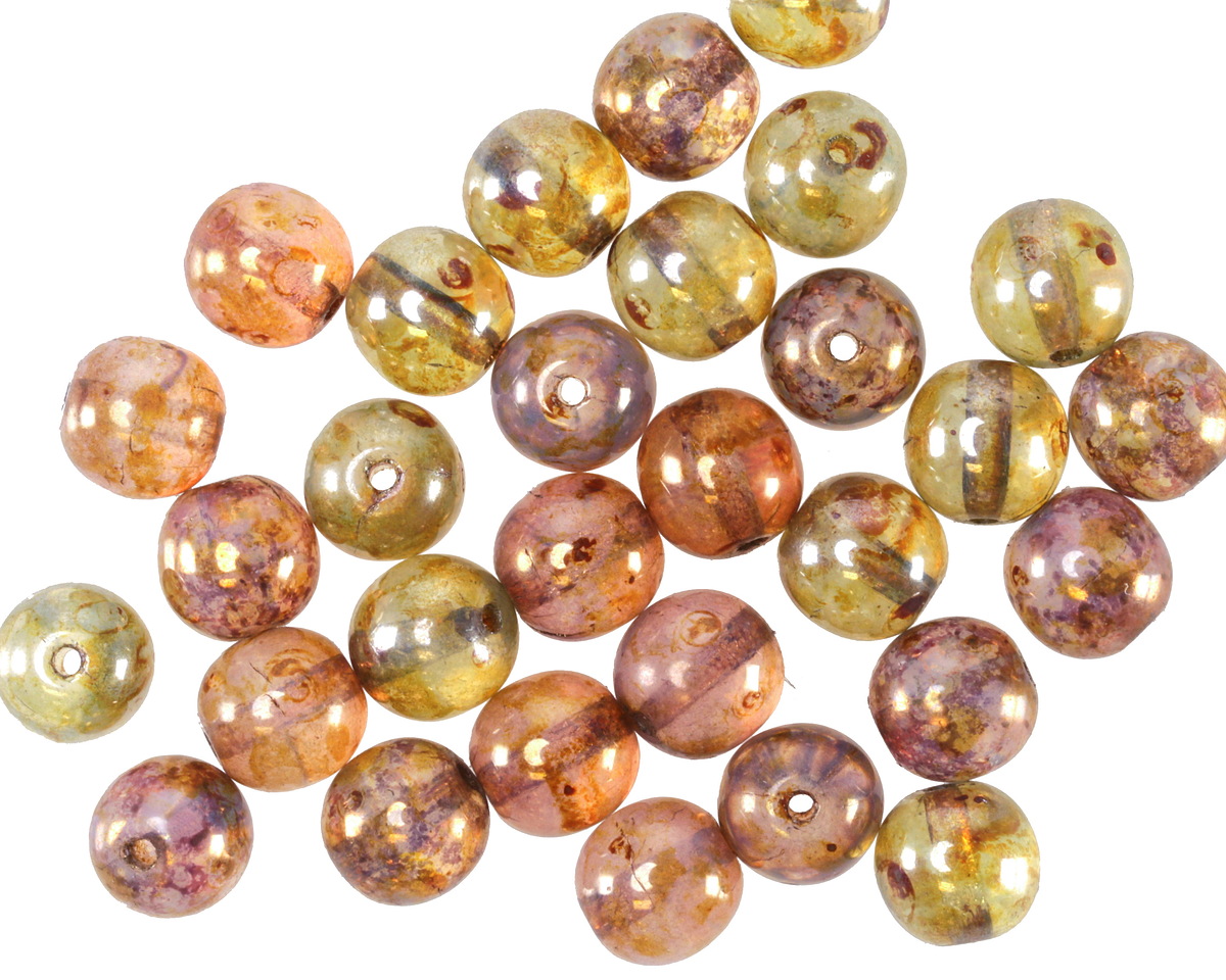 Czech Glass Lilac & Olive Opaline Picasso Druk Round 6mm