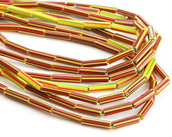 African Glass Red, Yellow & Green Striped Tube 15x3-4mm