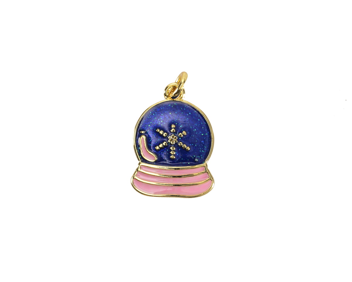 18k Gold (plated) Glitter Blue & Pink Enamel Snow Globe Focal 11x15mm