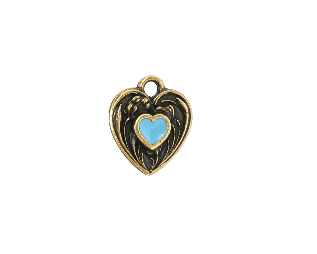 TierraCast Antique Brass (plated) Light Sky Blue Enamel Heart in Heart Shaped Focal 12.5x14mm