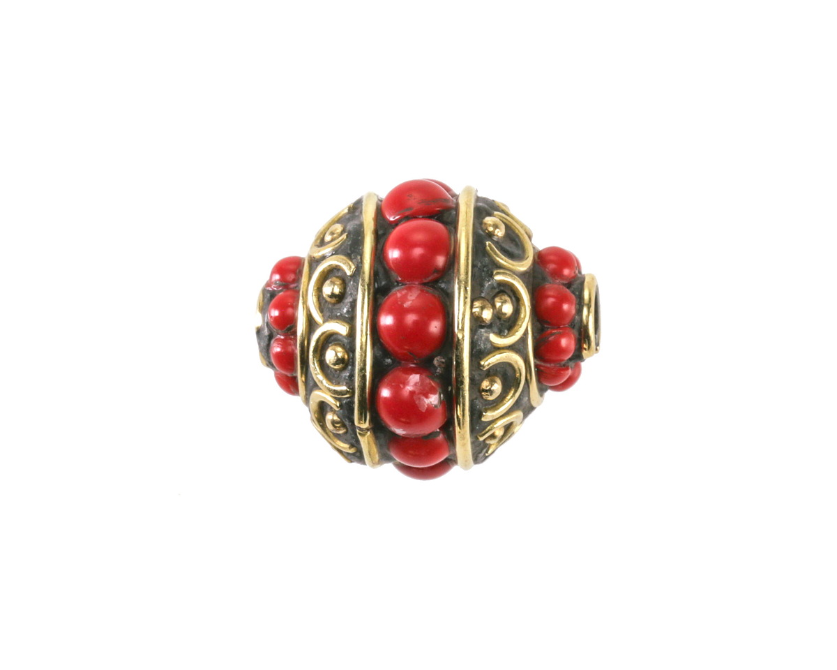 Nepalese Brass Arches & Dots w/ Coral Dots Rice Bead 16-19x16-18mm