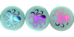 Czech Glass Laser Etched Octopus on Turquoise w/ Metallic Rainbow Coin 17mm