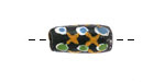 African Glass (Krobo) Black Powder-Cast Hand-Painted Yellow Lattice w/ Green & Blue Dots Tube 15-18x9mm