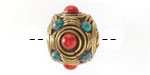 Nepalese Brass w/ Turquoise & Coral 4-Sided Rondelle 17x22mm