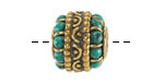 Nepalese Brass w/ Turquoise Dots amd Half Circles w/ Dots Barrel Bead 16x17-18mm