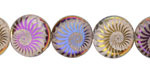Czech Glass Laser Etched Spiral Ammonite on White Opal w/ Metallic Rainbow Finish Coin 14mm
