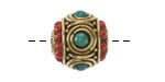Nepalese Brass w/ Turquoise Dots in Double Circles & Small Coral Dots Barrel Bead 15-16x17mm