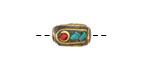 Nepalese Brass w/ Turquoise & Coral Mosaic Plumes Barrel Bead 13x8mm
