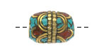 Nepalese Brass Coral & Turquoise Mosaic w/ Dotted Brass Band Barrel 20-21x15mm