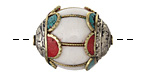 Nepalese White Shell & White Brass Cage w/ Coral & Turquoise Scallops Bead 28x22mm